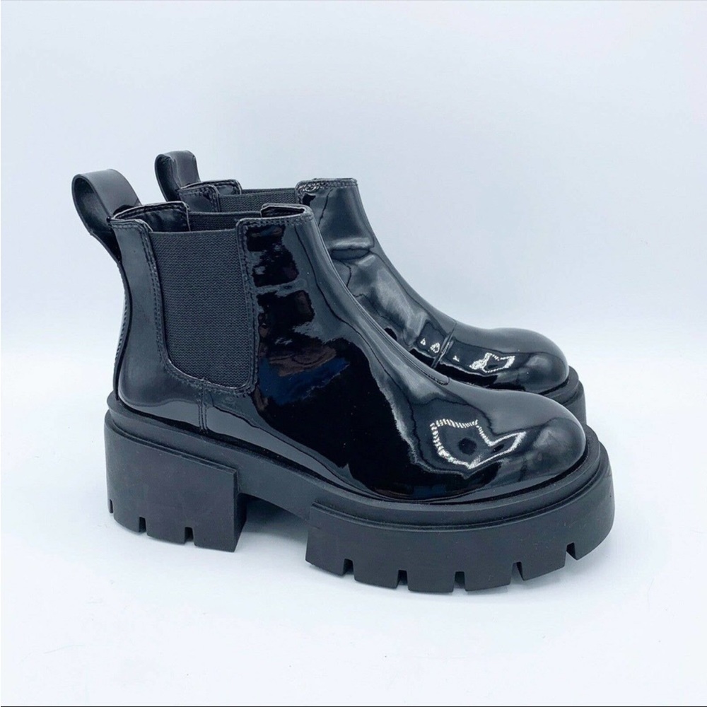 H&M Women's Platform Chunky Soles Black Patent Pull On Boots